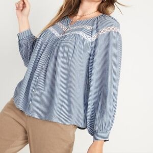 Old Navy Puff Sleeve Crochet Lace Trim Button Front Striped Blouse Lightweight